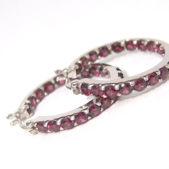 Sterling Silver Rhodolite Garnet Hoop Earrings 1 Inch Rhodium Anti Tarnish - Picture 4 of 8